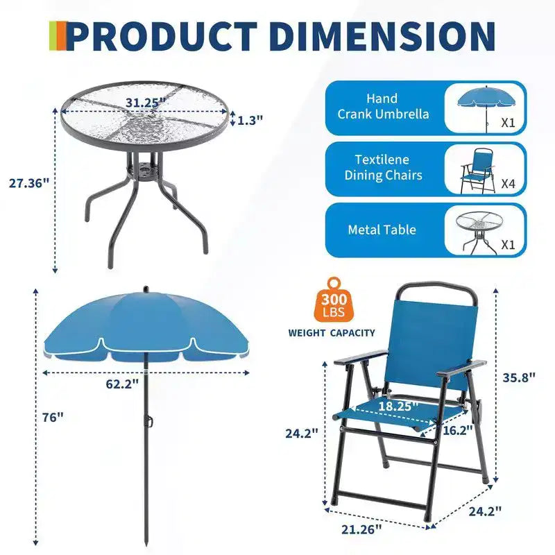 Coolmee Set da pranzo da esterno 6 pezzi con ombrellone, tavolo da patio e 4 sedie pieghevoli con ombrellone, tavolo da pranzo con piano in vetro temperato