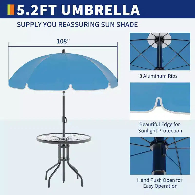 Coolmee Set da pranzo da esterno 6 pezzi con ombrellone, tavolo da patio e 4 sedie pieghevoli con ombrellone, tavolo da pranzo con piano in vetro temperato