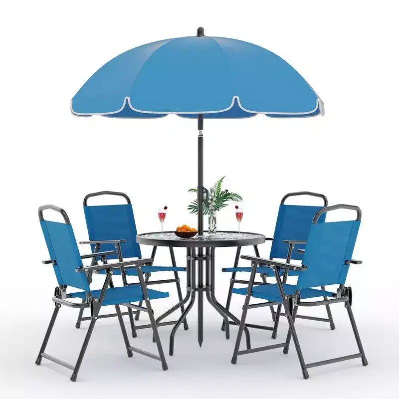Coolmee Set da pranzo da esterno 6 pezzi con ombrellone, tavolo da patio e 4 sedie pieghevoli con ombrellone, tavolo da pranzo con piano in vetro temperato