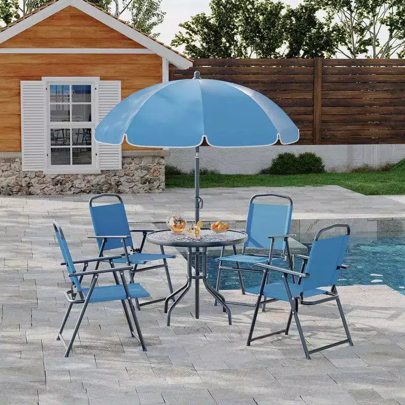 Coolmee Set da pranzo da esterno 6 pezzi con ombrellone, tavolo da patio e 4 sedie pieghevoli con ombrellone, tavolo da pranzo con piano in vetro temperato