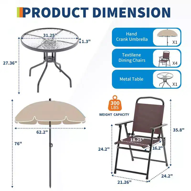 Coolmee Set da pranzo da esterno 6 pezzi con ombrellone, tavolo da patio e 4 sedie pieghevoli con ombrellone, tavolo da pranzo con piano in vetro temperato
