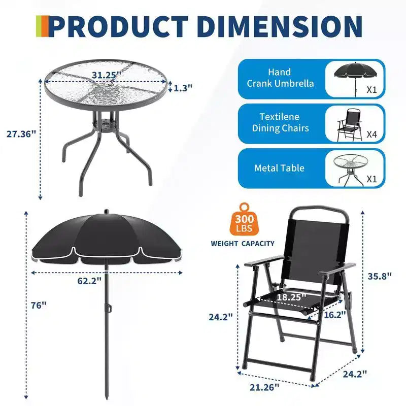 Coolmee Set da pranzo da esterno 6 pezzi con ombrellone, tavolo da patio e 4 sedie pieghevoli con ombrellone, tavolo da pranzo con piano in vetro temperato