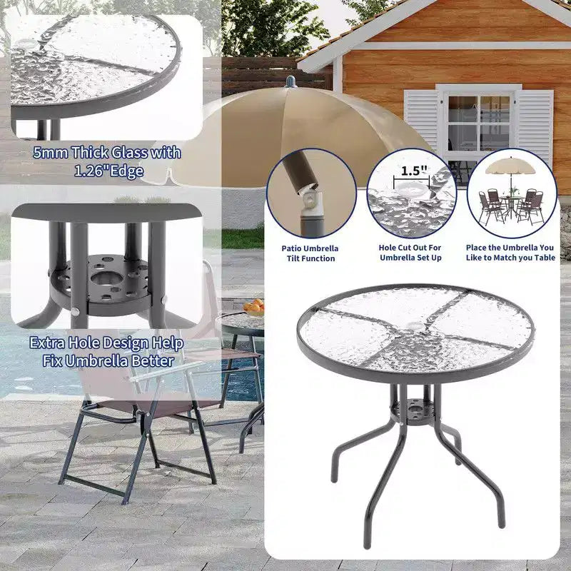 Coolmee Set da pranzo da esterno 6 pezzi con ombrellone, tavolo da patio e 4 sedie pieghevoli con ombrellone, tavolo da pranzo con piano in vetro temperato