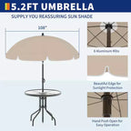 Coolmee Set da pranzo da esterno 6 pezzi con ombrellone, tavolo da patio e 4 sedie pieghevoli con ombrellone, tavolo da pranzo con piano in vetro temperato