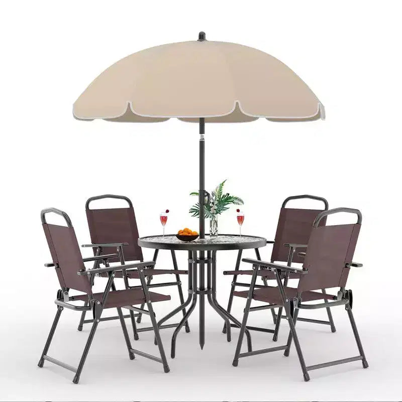 Coolmee Set da pranzo da esterno 6 pezzi con ombrellone, tavolo da patio e 4 sedie pieghevoli con ombrellone, tavolo da pranzo con piano in vetro temperato