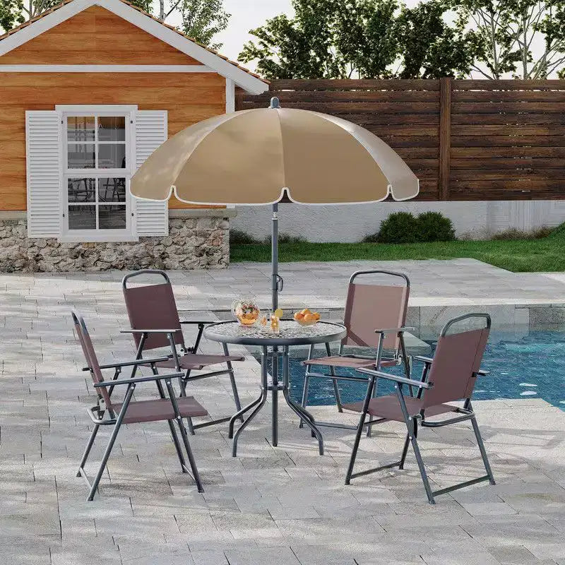 Coolmee Set da pranzo da esterno 6 pezzi con ombrellone, tavolo da patio e 4 sedie pieghevoli con ombrellone, tavolo da pranzo con piano in vetro temperato