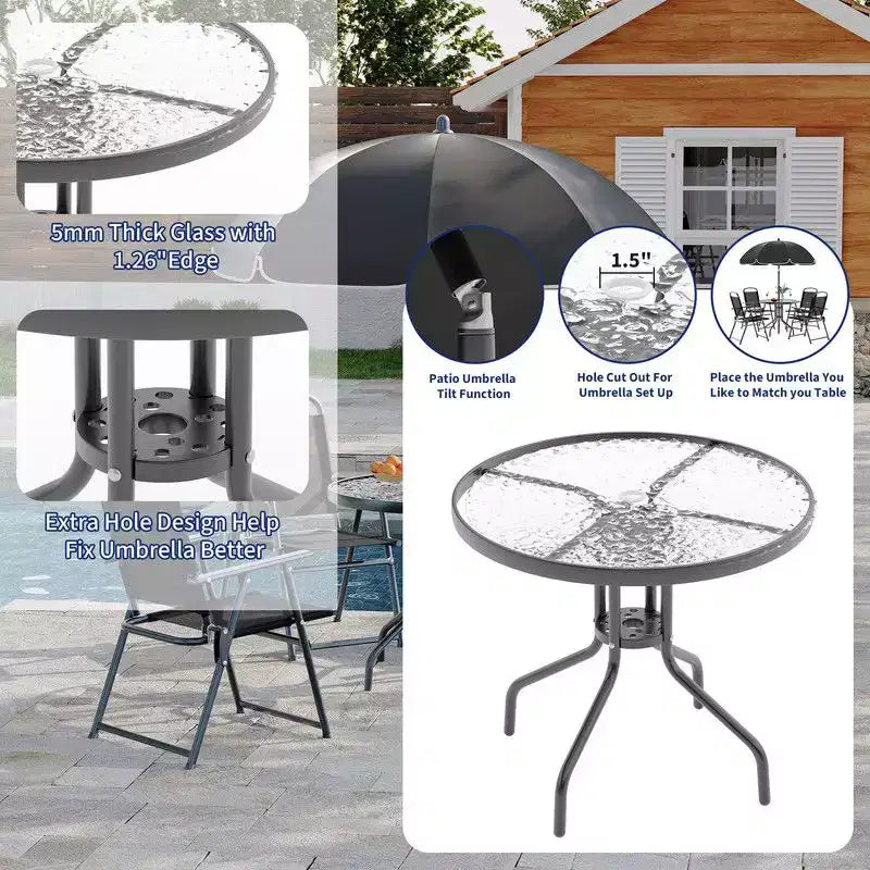 Coolmee Set da pranzo da esterno 6 pezzi con ombrellone, tavolo da patio e 4 sedie pieghevoli con ombrellone, tavolo da pranzo con piano in vetro temperato