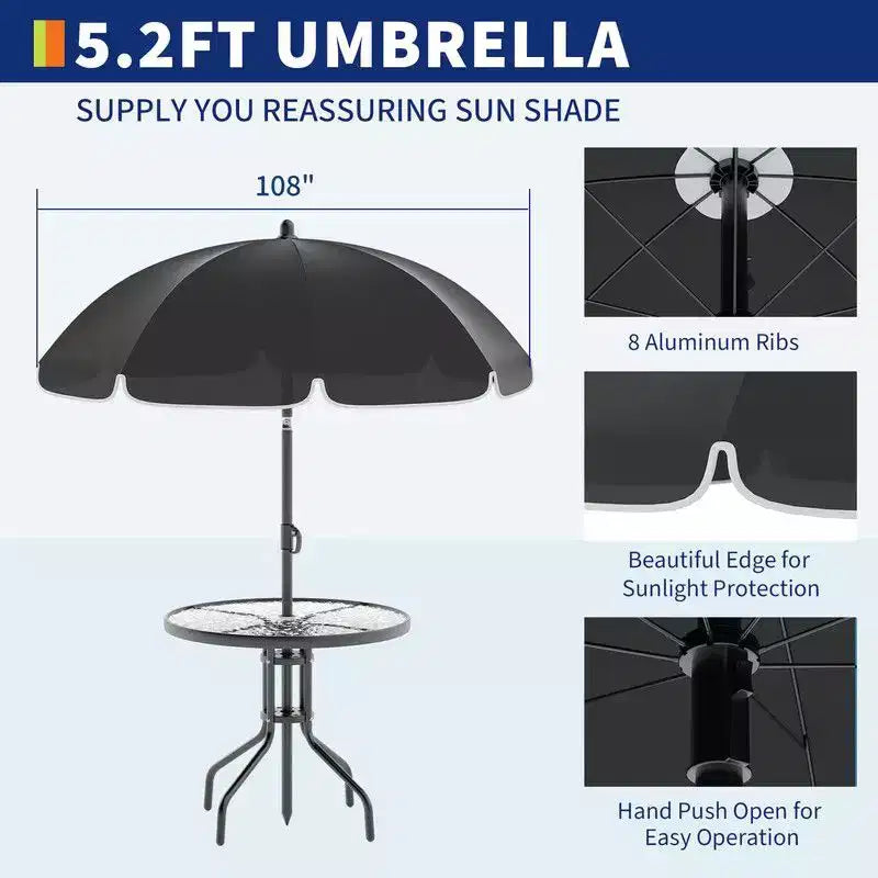 Coolmee Set da pranzo da esterno 6 pezzi con ombrellone, tavolo da patio e 4 sedie pieghevoli con ombrellone, tavolo da pranzo con piano in vetro temperato