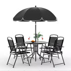 Coolmee Set da pranzo da esterno 6 pezzi con ombrellone, tavolo da patio e 4 sedie pieghevoli con ombrellone, tavolo da pranzo con piano in vetro temperato