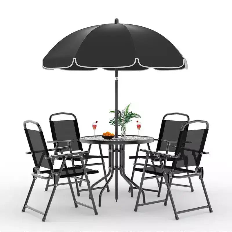 Coolmee Set da pranzo da esterno 6 pezzi con ombrellone, tavolo da patio e 4 sedie pieghevoli con ombrellone, tavolo da pranzo con piano in vetro temperato