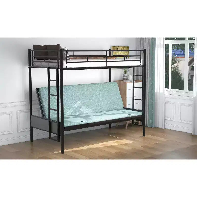 Bellemave Letto a castello in metallo a una piazza e mezzo, multifunzione, nero