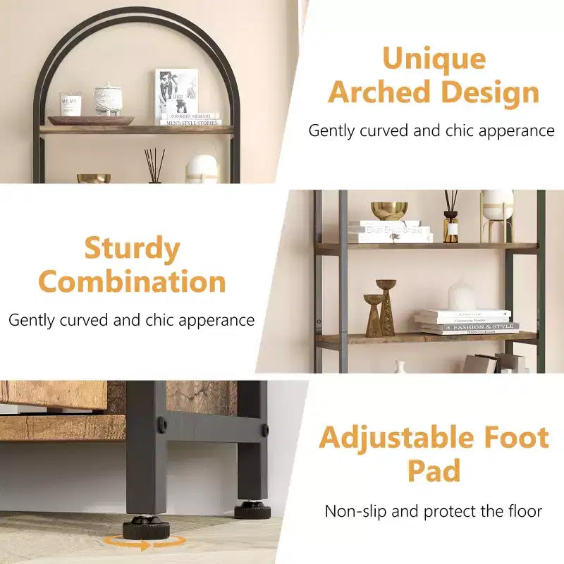 4-Tier Arched Bookshelf with Doors Storage Rack, 71.5 Inch High Industrial Bookshelf with Metal Frame, Open Curved Bookcase, Display Rack