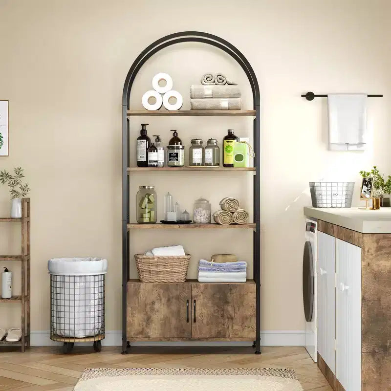 4-Tier Arched Bookshelf with Doors Storage Rack, 71.5 Inch High Industrial Bookshelf with Metal Frame, Open Curved Bookcase, Display Rack