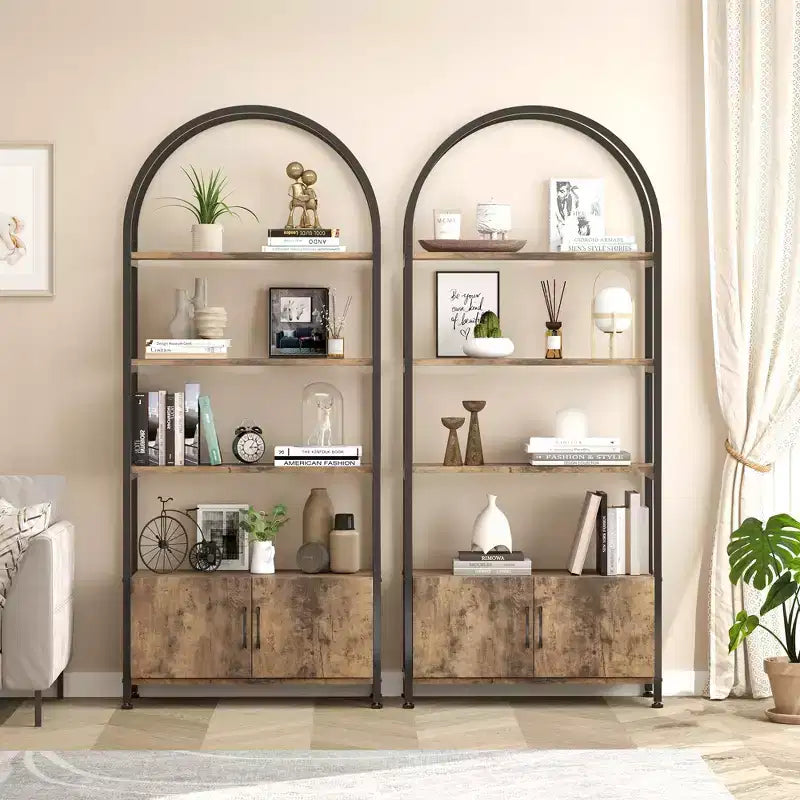 4-Tier Arched Bookshelf with Doors Storage Rack, 71.5 Inch High Industrial Bookshelf with Metal Frame, Open Curved Bookcase, Display Rack
