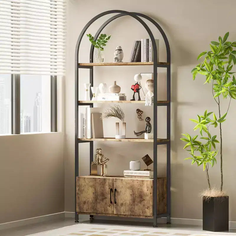 4-Tier Arched Bookshelf with Doors Storage Rack, 71.5 Inch High Industrial Bookshelf with Metal Frame, Open Curved Bookcase, Display Rack