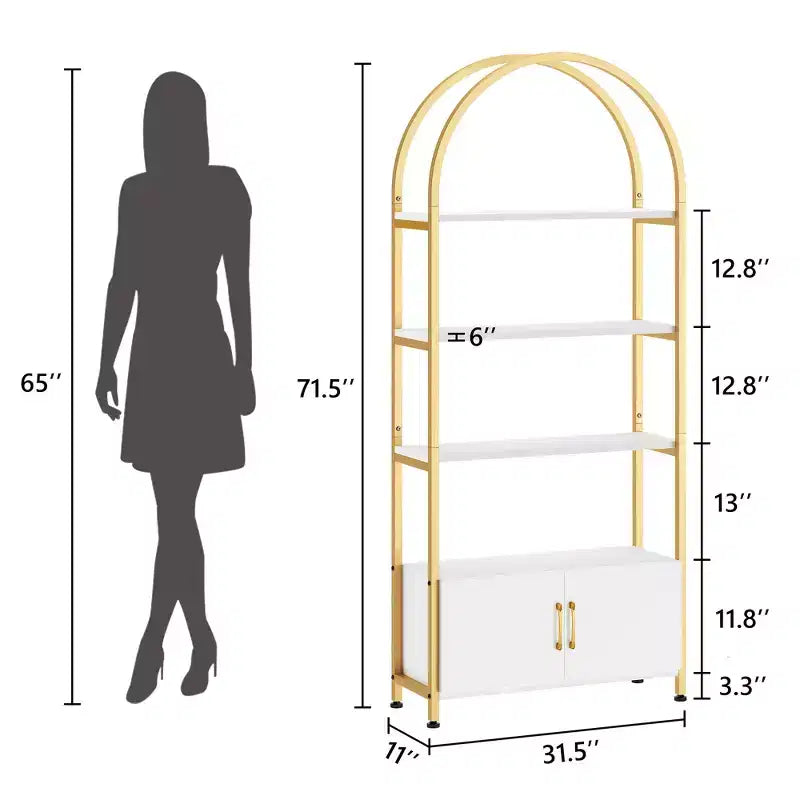 4-Tier Arched Bookshelf with Doors Storage Rack, 71.5 Inch High Industrial Bookshelf with Metal Frame, Open Curved Bookcase, Display Rack
