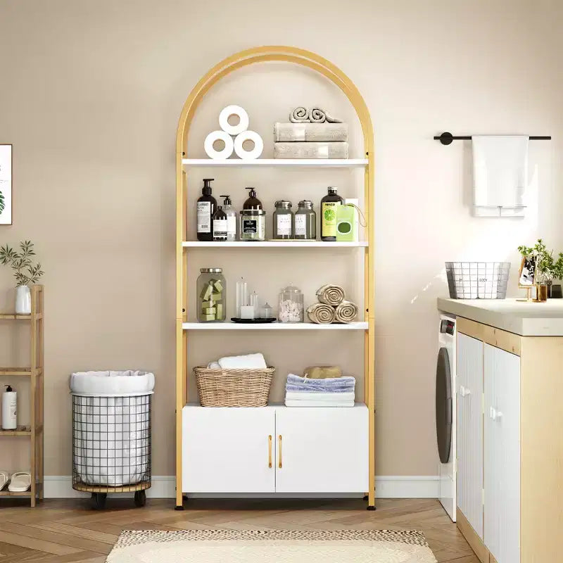 4-Tier Arched Bookshelf with Doors Storage Rack, 71.5 Inch High Industrial Bookshelf with Metal Frame, Open Curved Bookcase, Display Rack