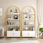 4-Tier Arched Bookshelf with Doors Storage Rack, 71.5 Inch High Industrial Bookshelf with Metal Frame, Open Curved Bookcase, Display Rack