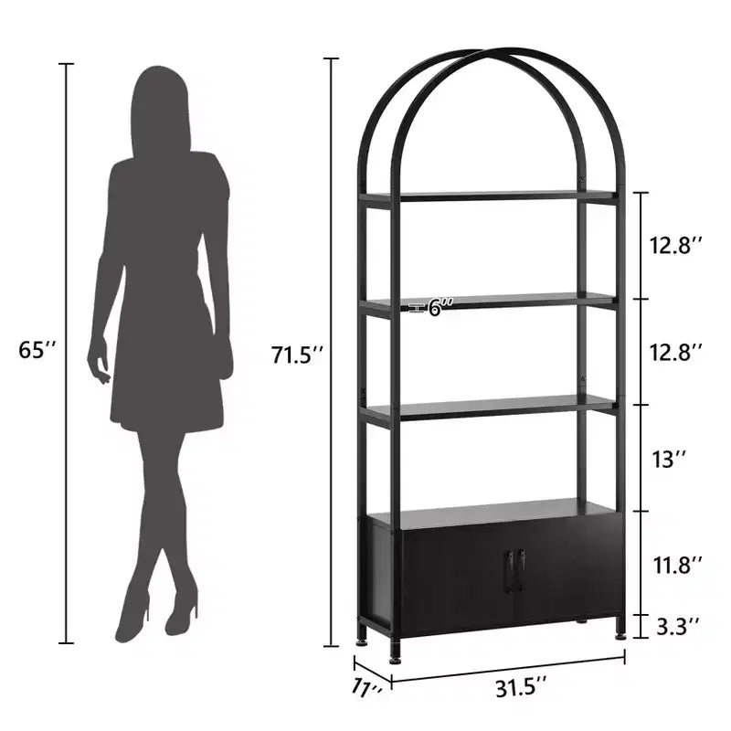 4-Tier Arched Bookshelf with Doors Storage Rack, 71.5 Inch High Industrial Bookshelf with Metal Frame, Open Curved Bookcase, Display Rack