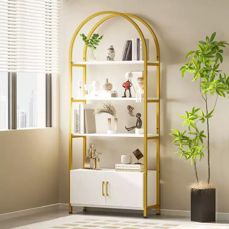 4-Tier Arched Bookshelf with Doors Storage Rack, 71.5 Inch High Industrial Bookshelf with Metal Frame, Open Curved Bookcase, Display Rack