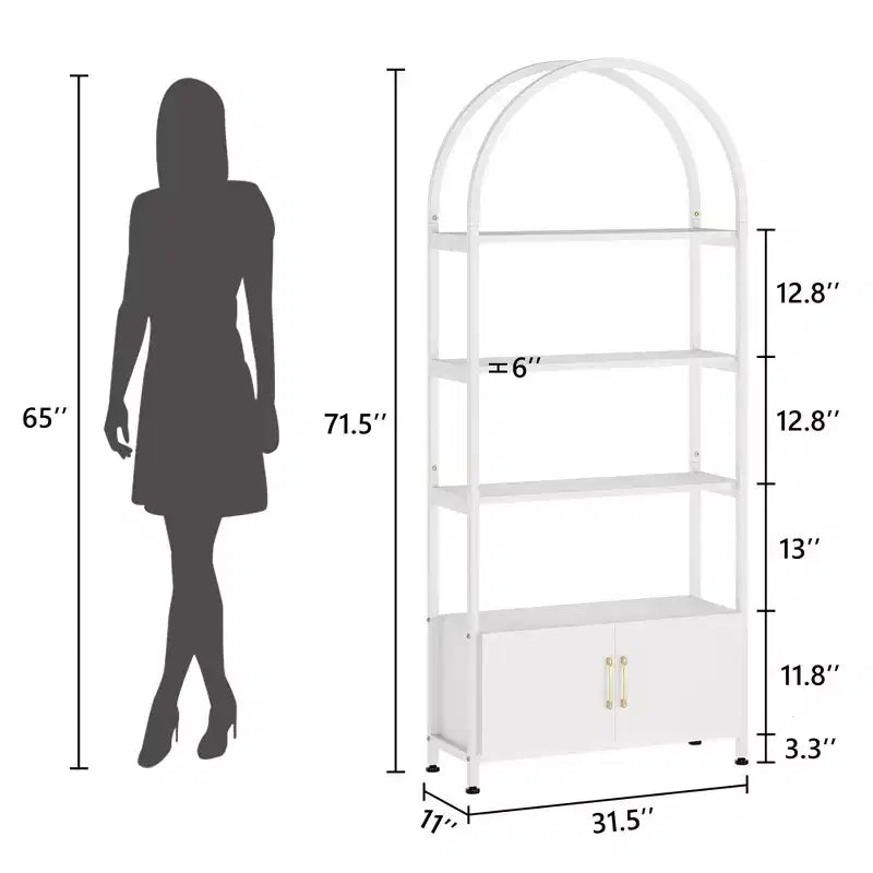 4-Tier Arched Bookshelf with Doors Storage Rack, 71.5 Inch High Industrial Bookshelf with Metal Frame, Open Curved Bookcase, Display Rack