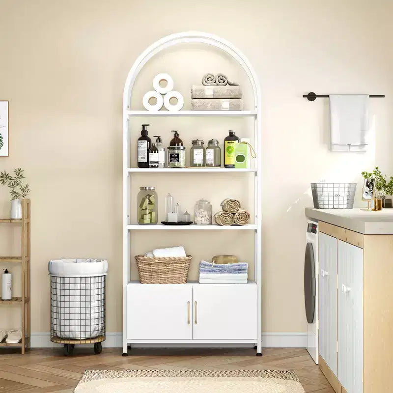 4-Tier Arched Bookshelf with Doors Storage Rack, 71.5 Inch High Industrial Bookshelf with Metal Frame, Open Curved Bookcase, Display Rack