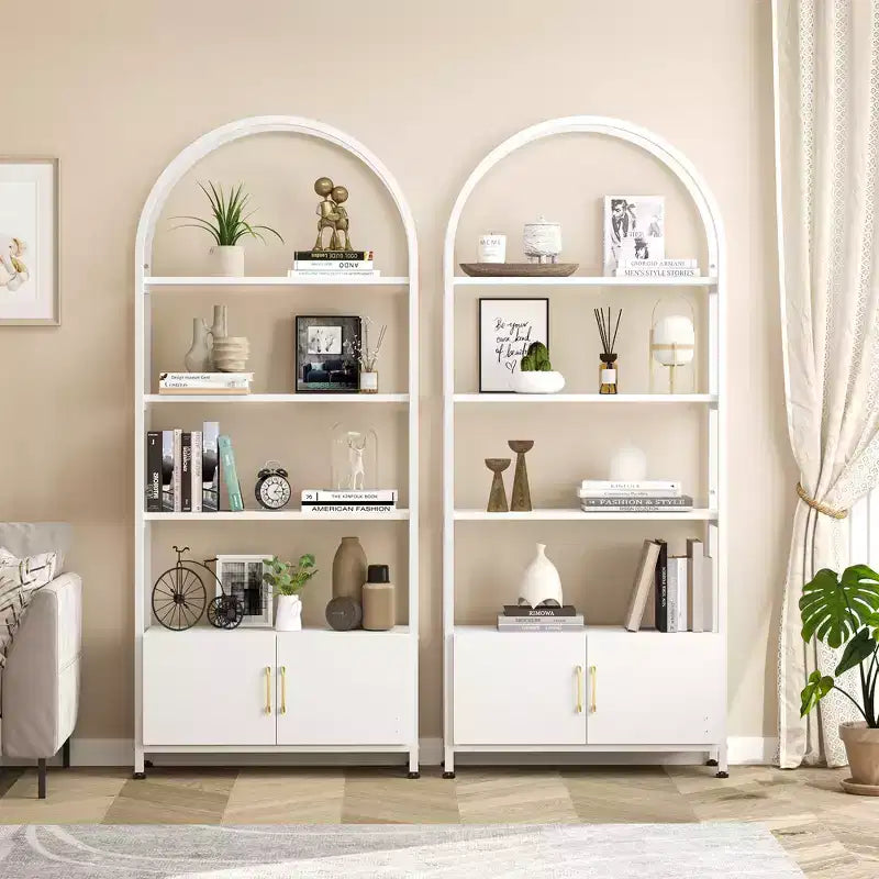 4-Tier Arched Bookshelf with Doors Storage Rack, 71.5 Inch High Industrial Bookshelf with Metal Frame, Open Curved Bookcase, Display Rack