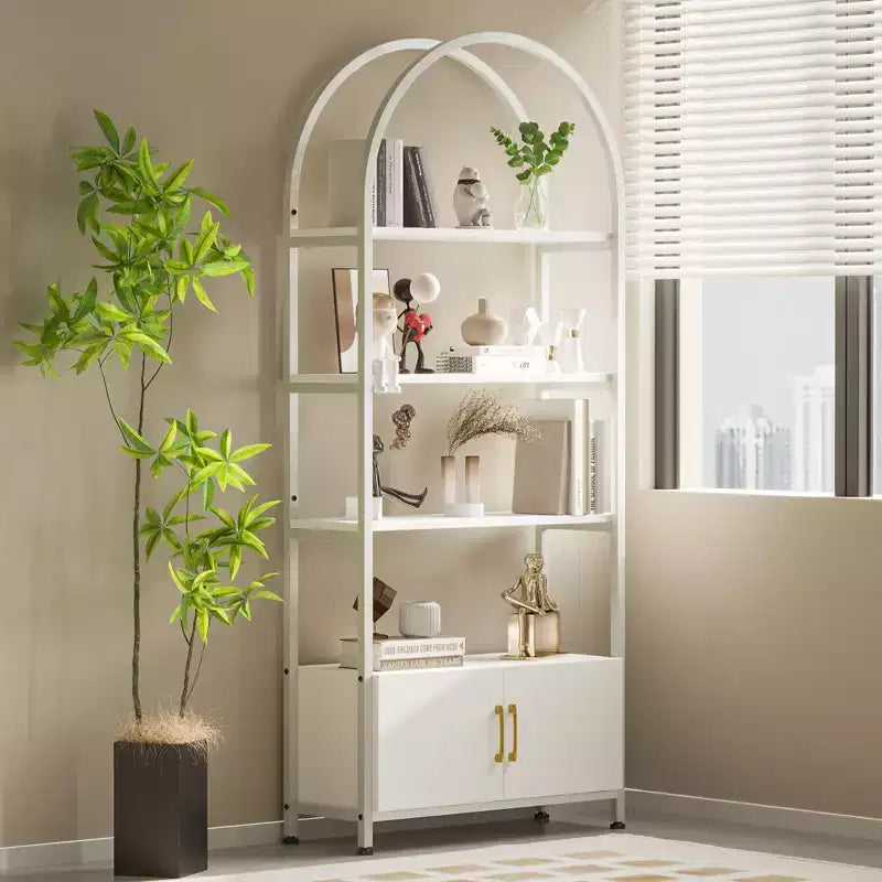 4-Tier Arched Bookshelf with Doors Storage Rack, 71.5 Inch High Industrial Bookshelf with Metal Frame, Open Curved Bookcase, Display Rack
