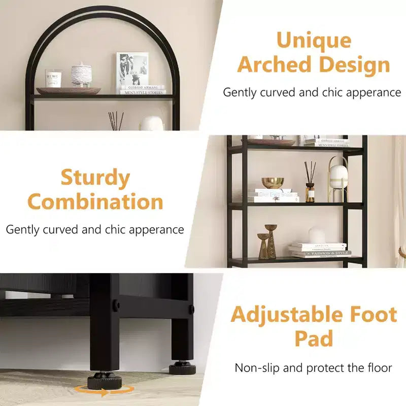 4-Tier Arched Bookshelf with Doors Storage Rack, 71.5 Inch High Industrial Bookshelf with Metal Frame, Open Curved Bookcase, Display Rack