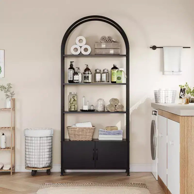 4-Tier Arched Bookshelf with Doors Storage Rack, 71.5 Inch High Industrial Bookshelf with Metal Frame, Open Curved Bookcase, Display Rack
