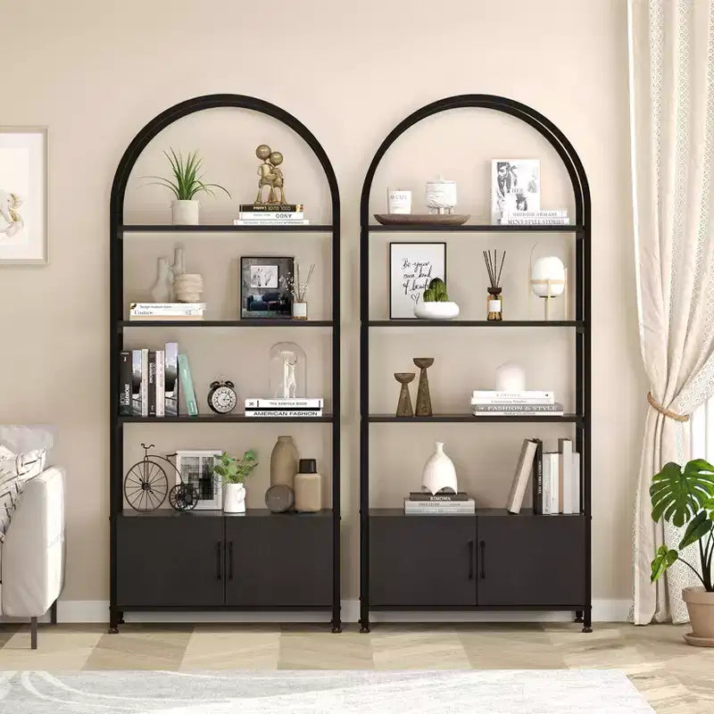 4-Tier Arched Bookshelf with Doors Storage Rack, 71.5 Inch High Industrial Bookshelf with Metal Frame, Open Curved Bookcase, Display Rack