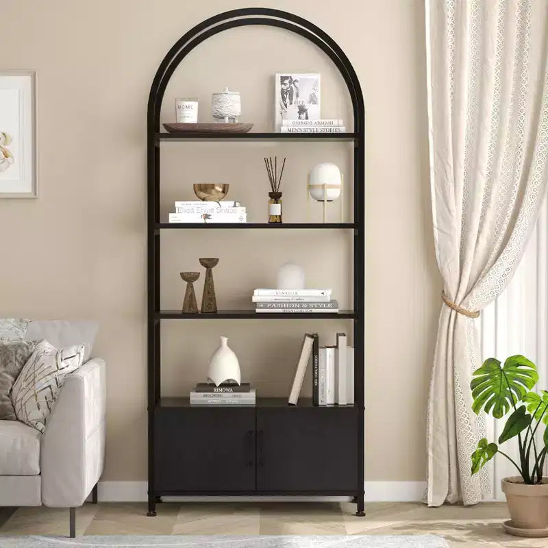 4-Tier Arched Bookshelf with Doors Storage Rack, 71.5 Inch High Industrial Bookshelf with Metal Frame, Open Curved Bookcase, Display Rack