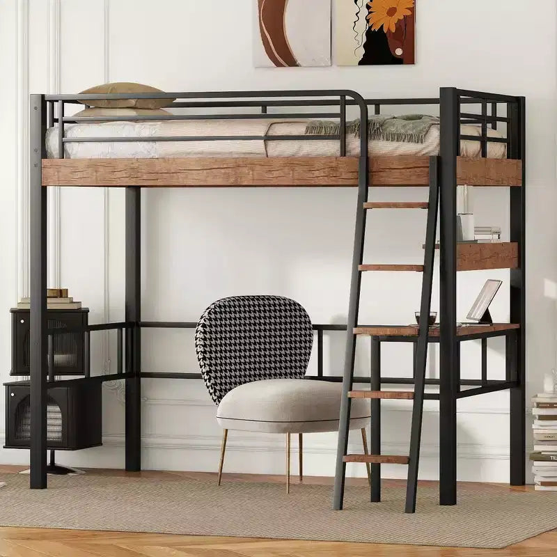 Bellemave Twin Loft Bed with Desk, Ladder & Bookshelves, Heavy Duty Metal High Loft Bed Frame, Space Saving Design, Black