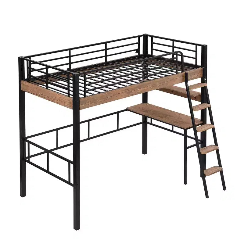 Bellemave Letto a soppalco singolo con scrivania, scaletta e librerie, struttura letto a soppalco alta in metallo resistente, design salvaspazio, nero