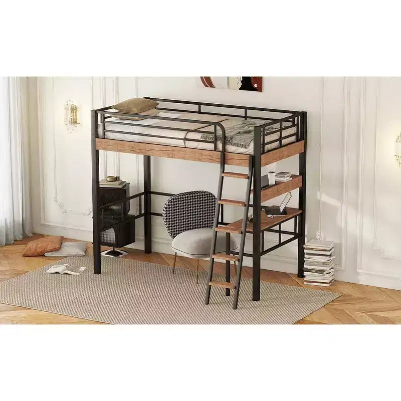 Bellemave Letto a soppalco singolo con scrivania, scaletta e librerie, struttura letto a soppalco alta in metallo resistente, design salvaspazio, nero
