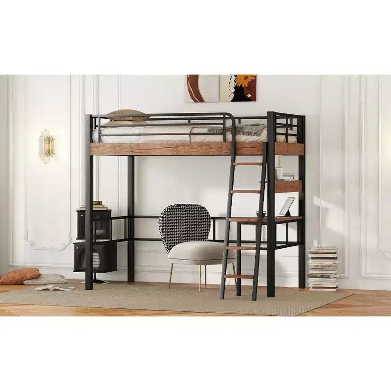 Bellemave Letto a soppalco singolo con scrivania, scaletta e librerie, struttura letto a soppalco alta in metallo resistente, design salvaspazio, nero