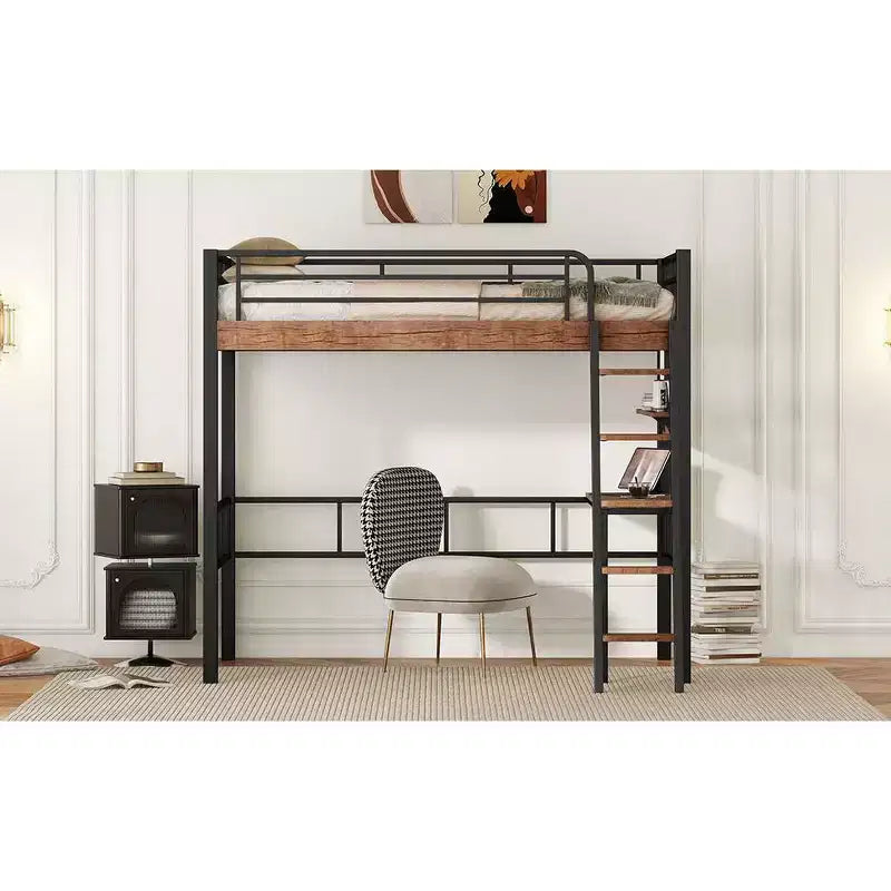 Bellemave Letto a soppalco singolo con scrivania, scaletta e librerie, struttura letto a soppalco alta in metallo resistente, design salvaspazio, nero
