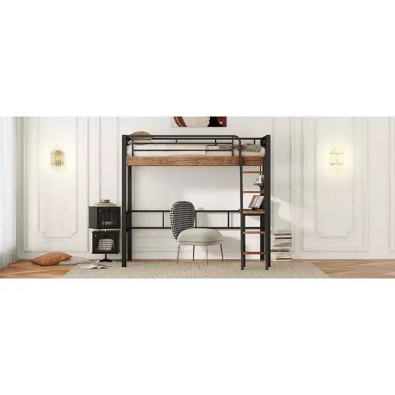 Bellemave Letto a soppalco singolo con scrivania, scaletta e librerie, struttura letto a soppalco alta in metallo resistente, design salvaspazio, nero
