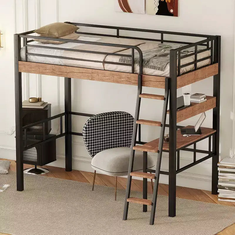 Bellemave Letto a soppalco singolo con scrivania, scaletta e librerie, struttura letto a soppalco alta in metallo resistente, design salvaspazio, nero
