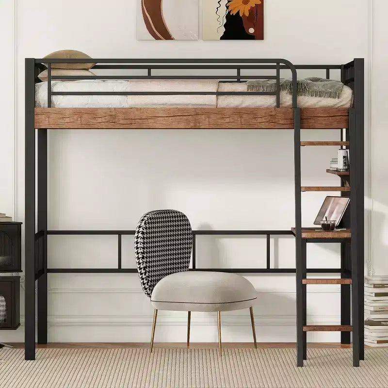 Bellemave Letto a soppalco singolo con scrivania, scaletta e librerie, struttura letto a soppalco alta in metallo resistente, design salvaspazio, nero
