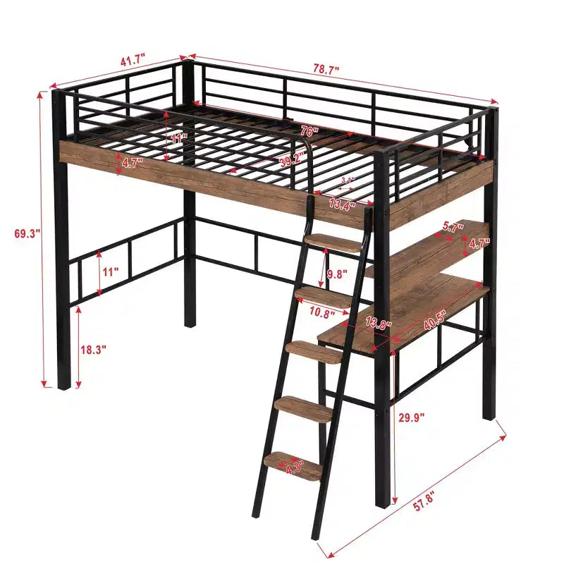 Bellemave Letto a soppalco singolo con scrivania, scaletta e librerie, struttura letto a soppalco alta in metallo resistente, design salvaspazio, nero