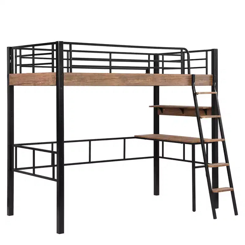 Bellemave Letto a soppalco singolo con scrivania, scaletta e librerie, struttura letto a soppalco alta in metallo resistente, design salvaspazio, nero