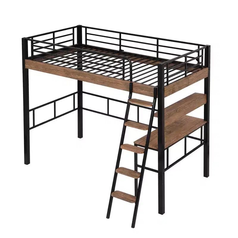 Bellemave Letto a soppalco singolo con scrivania, scaletta e librerie, struttura letto a soppalco alta in metallo resistente, design salvaspazio, nero