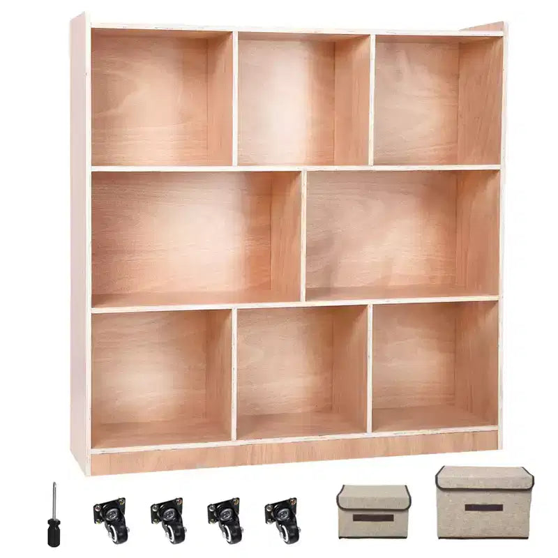 Organizzatori e contenitori per giocattoli in legno Montessori a 3 livelli, armadietto con 8 scomparti e 4 ruote, per la stanza dei bambini, l'aula, la scuola materna