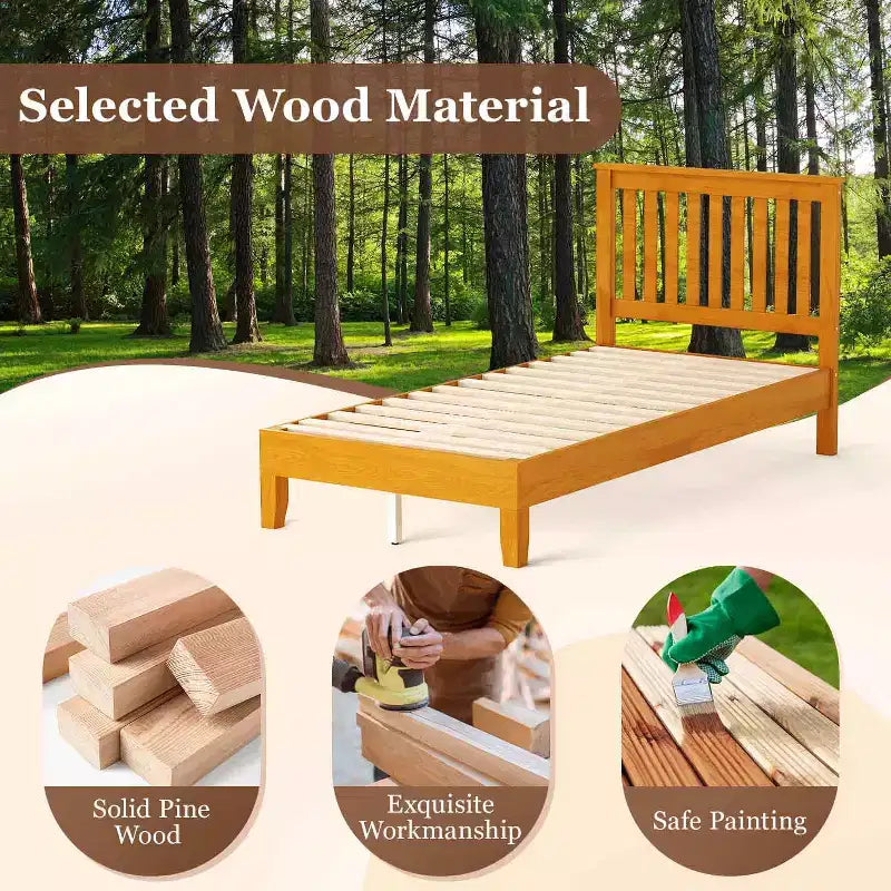BestMassage Struttura Letto in Legno Massello con Testiera, Base in Legno Massello, Nessuna Rete a Molle Necessaria