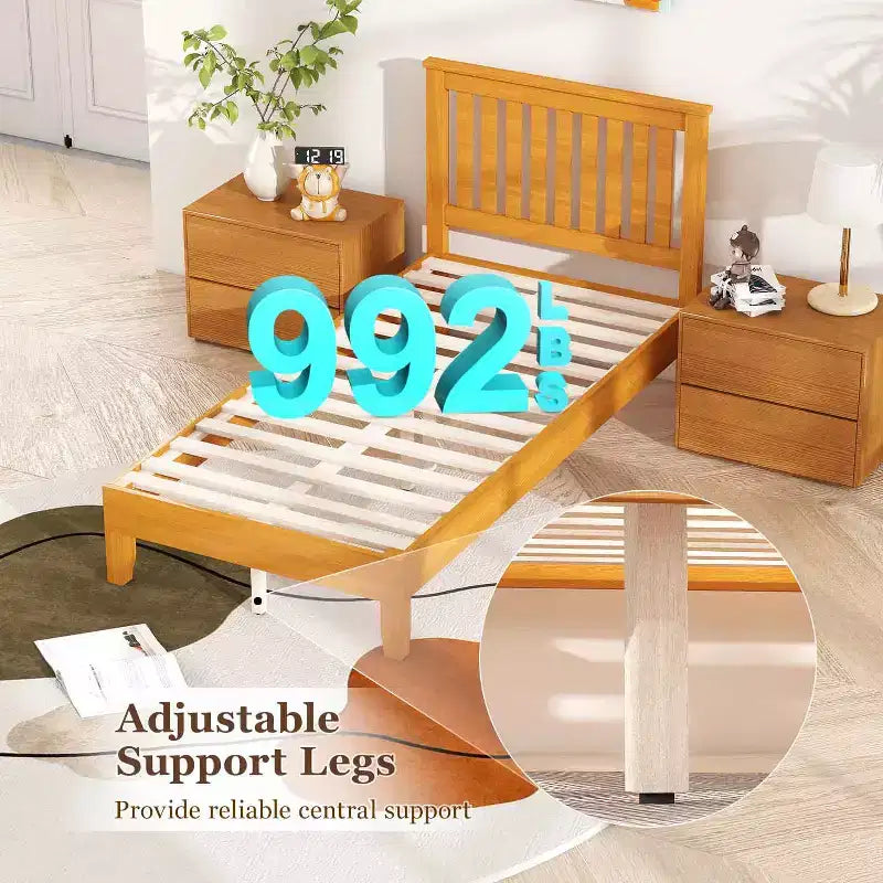 BestMassage Struttura Letto in Legno Massello con Testiera, Base in Legno Massello, Nessuna Rete a Molle Necessaria