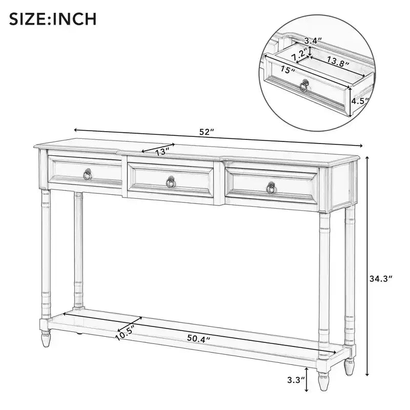 Okak 52IN Consolle Vintage, Tavolo d'Ingresso con 3 Cassetti e 1 Grande Ripiano, Tavolo da Corridoio per Soggiorno, Ingresso, Foyer