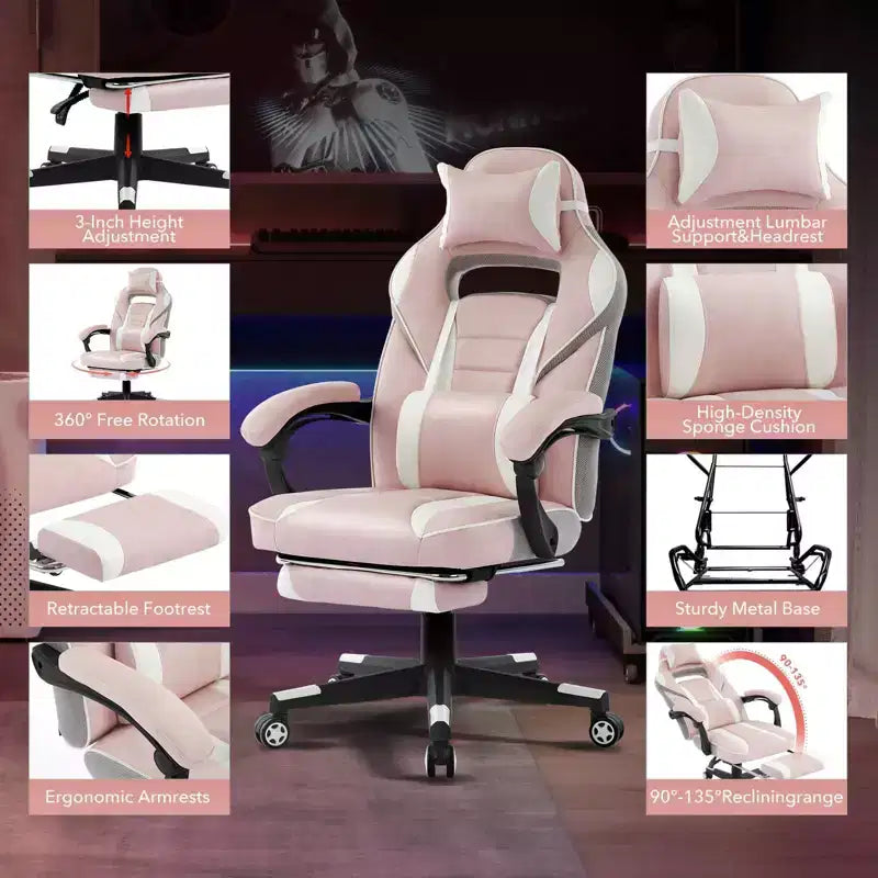 Cherry Blossom Pink Chair with Footrest,Ergonomic Computer Chair w/Lumbar Support & Headrest,360 Swivel Base & Height Adjustable Executive Chairs