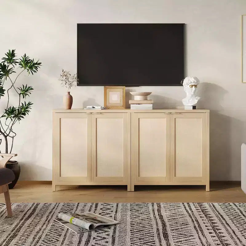 Freestanding Rattan Storage Cabinet with Adjustable Shelves, Modern Sideboard for Living Room and Dining Room