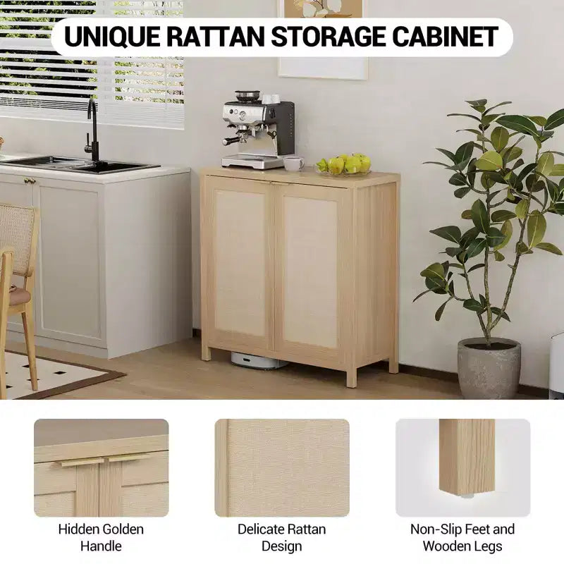 Freestanding Rattan Storage Cabinet with Adjustable Shelves, Modern Sideboard for Living Room and Dining Room